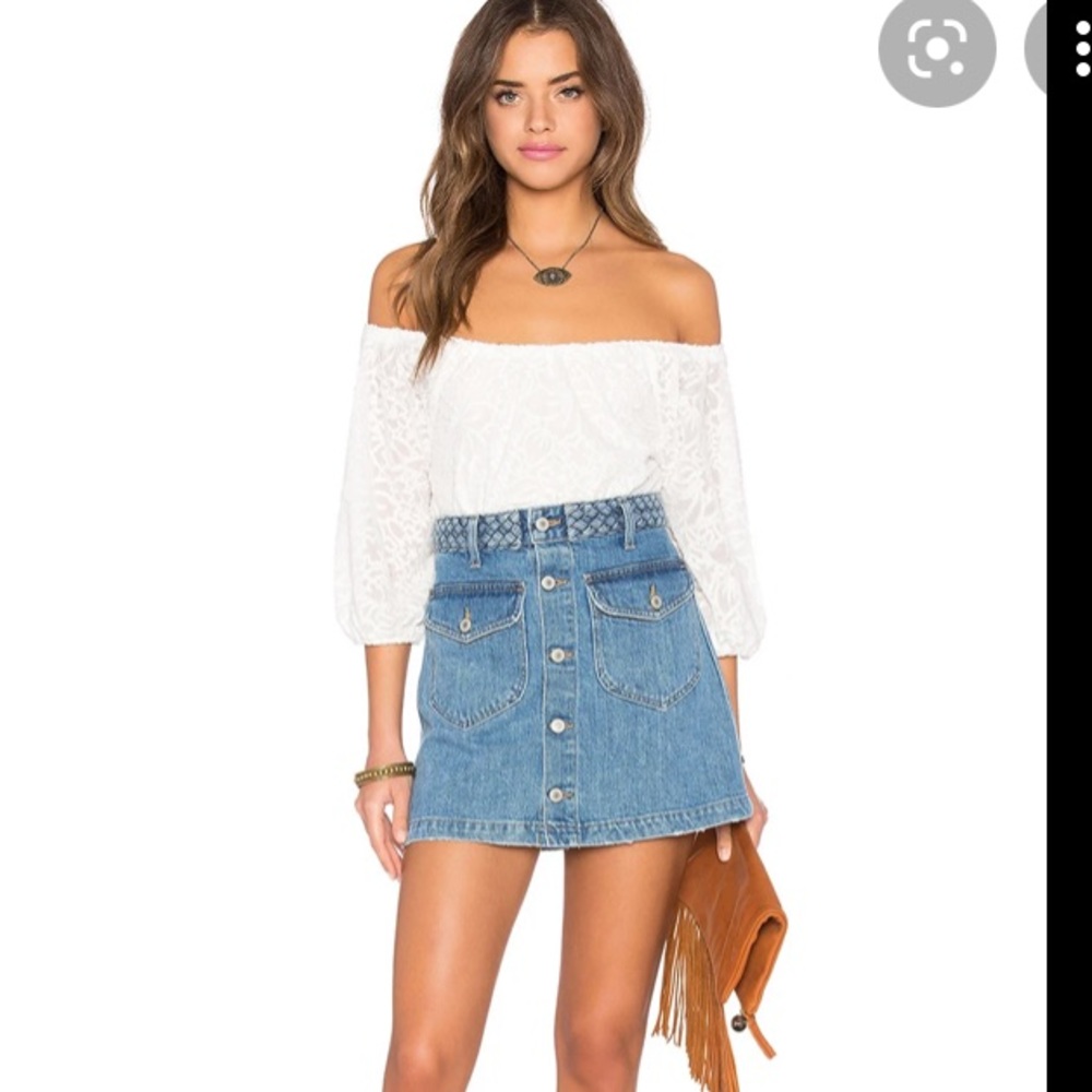 Tularosa madelyn mini denim skirt button front with braided waist sz 29